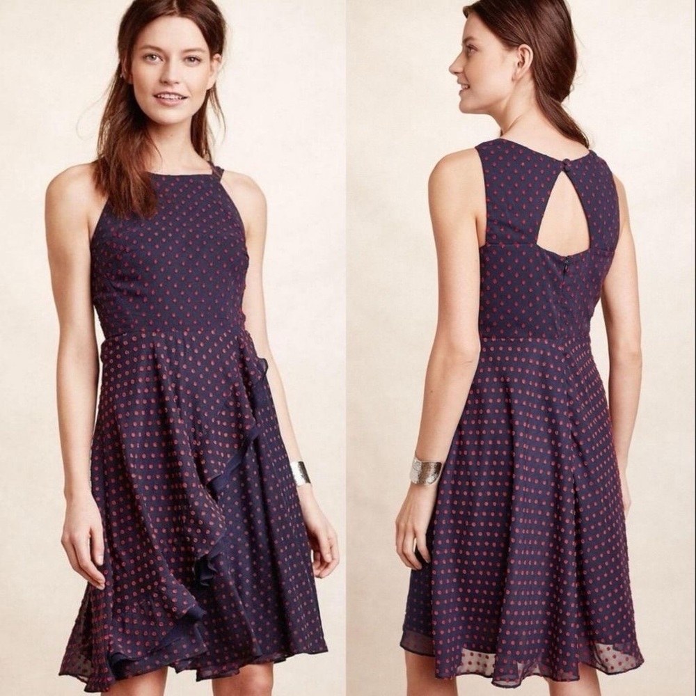 Eva Franco Navy & Red Textured Polka Dot Fit & Flare Dress Keyhole Back Size 6